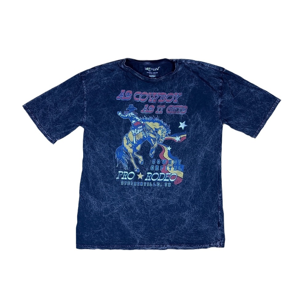 HRT & LUV Rodeo Graphic Tee Mens Small Navy Blue Excellent Mineral Wash Cowboy